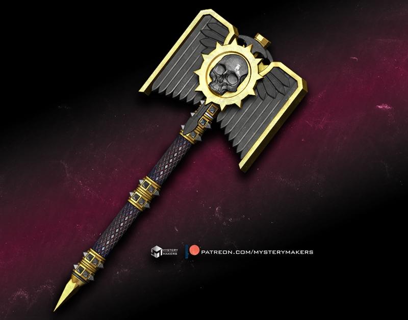 Warhammer 40k Crozius Arcanum weapon 3D model by MysteryMakers, featuring a skull, wings, and golden cog on a dark ba...