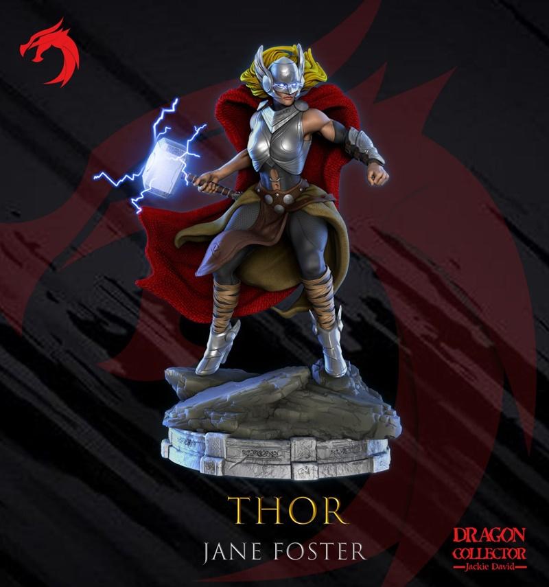 Lady Thor (Jane Foster) 3D model figure, standing on a rocky base, holding Mjolnir with lightning effects, wearing re...