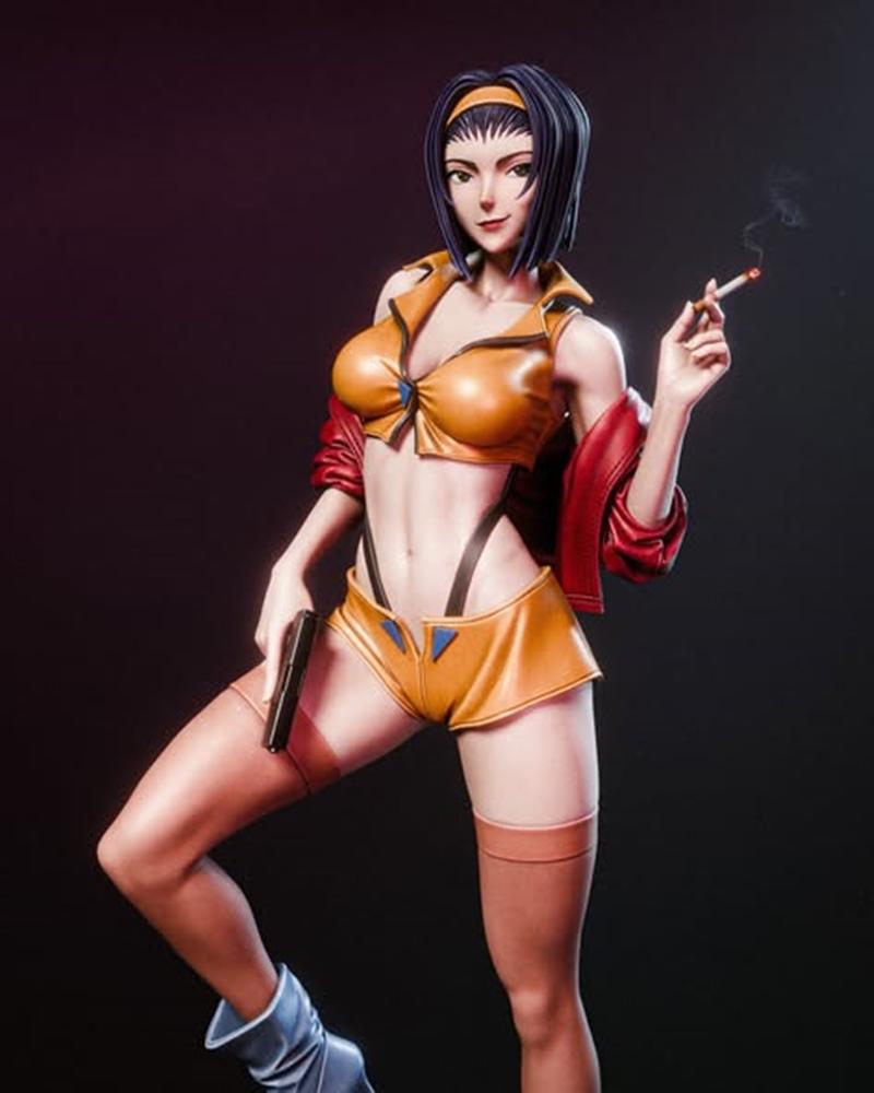 Faye Valentine 3D model from Cowboy Bebop, wearing a yellow crop top and shorts, red jacket, and thigh-high stockings...