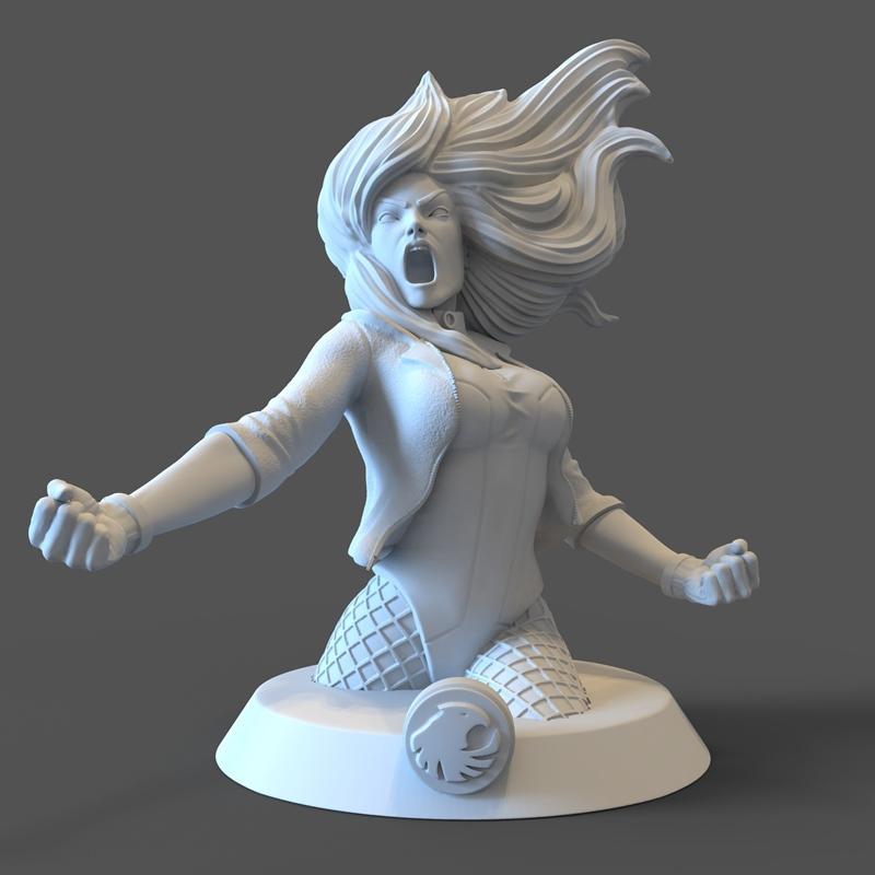 Black Canary bust 3D model by CG Pyro Digital Artist, screaming with hair flowing dynamically, wearing corset and fis...