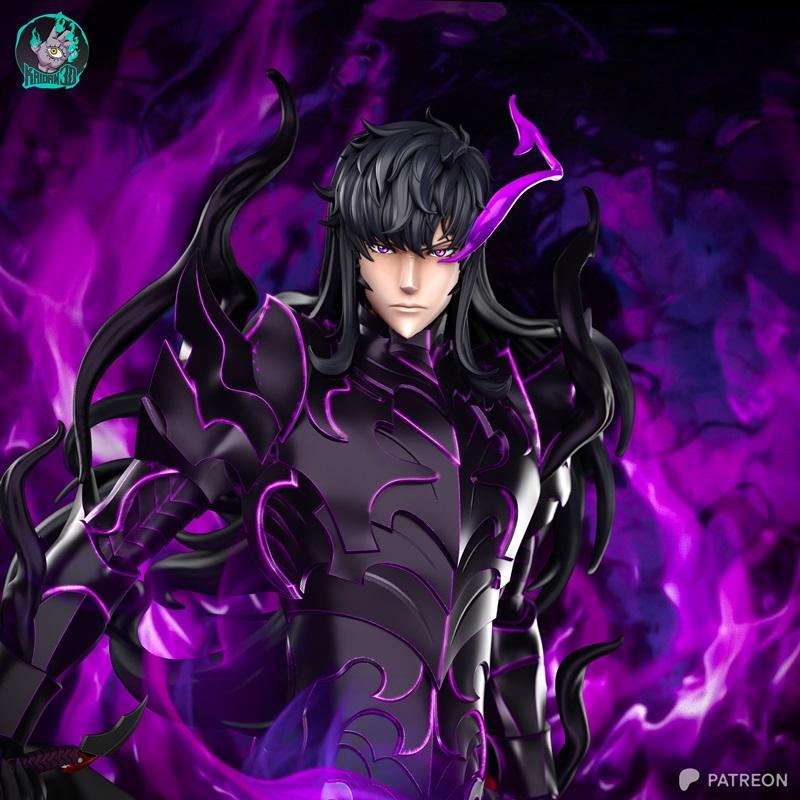 Sung Jinwoo from Solo Leveling in dark, ornate armor with purple energy effects, rendered as a 3D model by Kaidan.