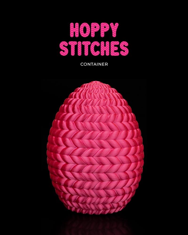 Pink knitted-texture egg-shaped container with "Hoppy Stitches Container" text above.