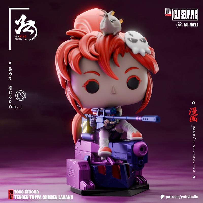 Chibi-style Yoko Littner figure from Tengen Toppa Gurren Lagann, holding a sniper rifle, seated on a purple mechanica...
