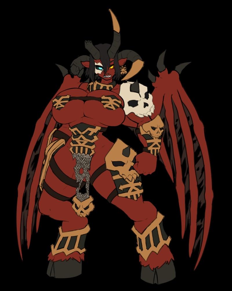 Khorne Demon Girl 3D model with red skin, large horns, bat wings, and golden skull armor. Revealing attire and fierce...