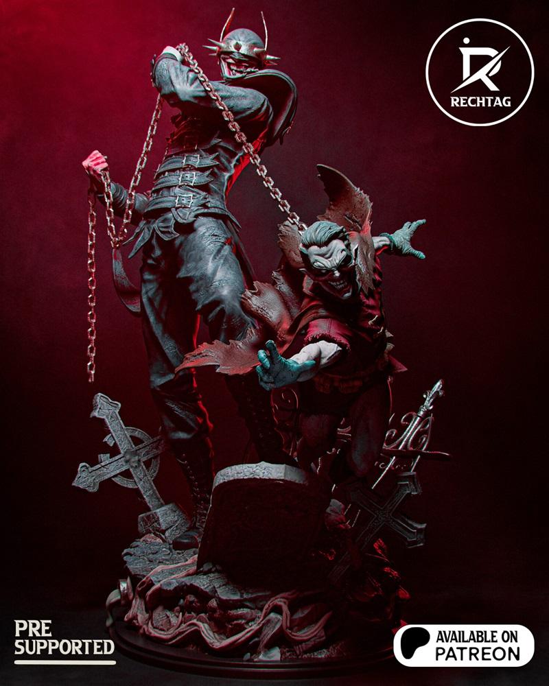3D model figure of The Batman Who Laughs holding a chain, with a Joker-like figure behind him, on a graveyard base. S...