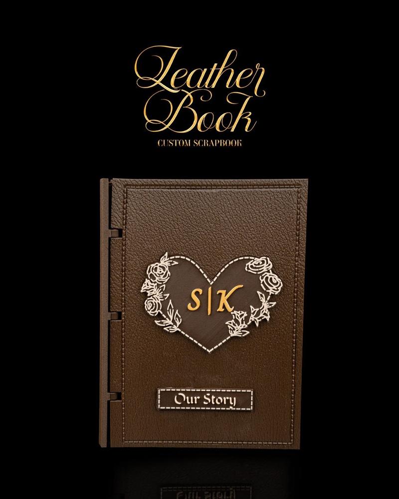 Brown leather-bound scrapbook 3D model with a heart of roses and 'S|K' monogram, and an 'Our Story' plaque.