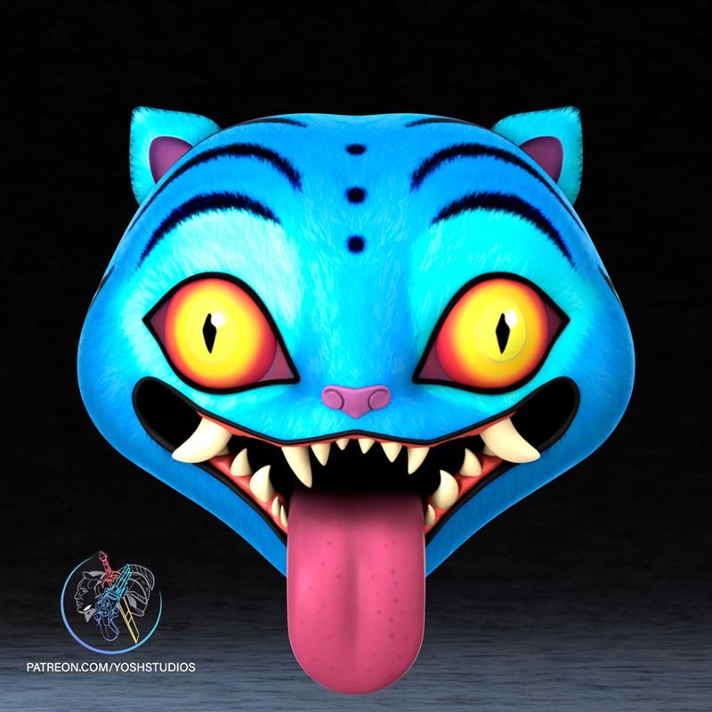 Blue cartoon tiger mask with yellow eyes, fangs, and a pink tongue sticking out, designed by Yoshstudios.
