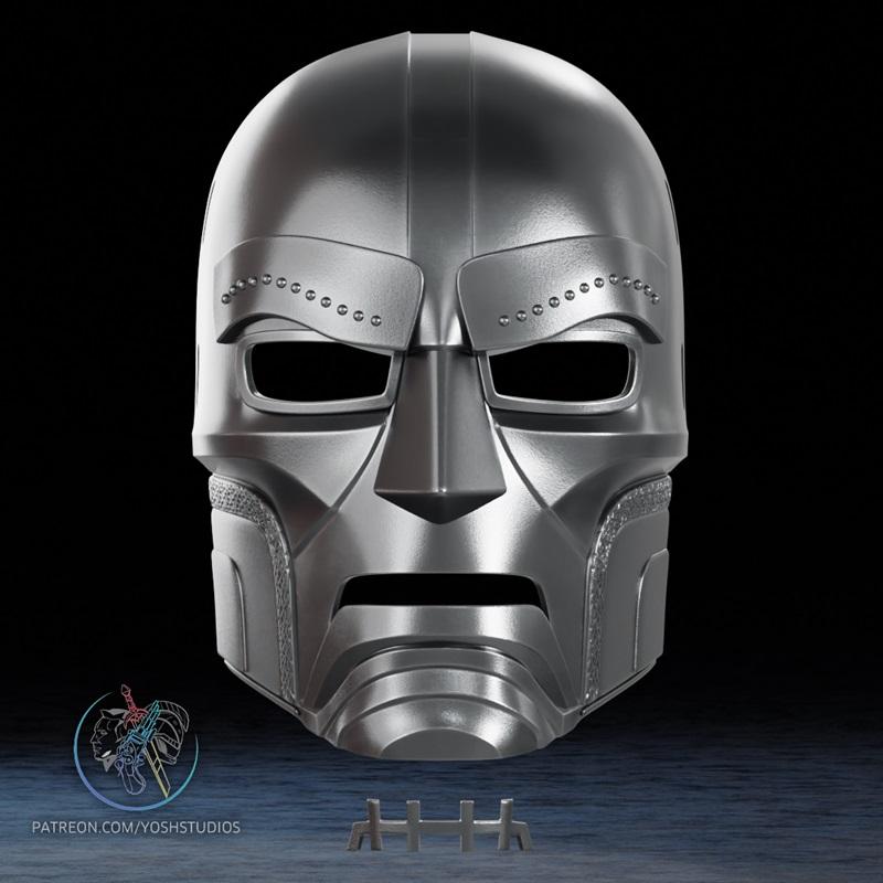 Metallic silver 3D model of Doctor Doom's mask, featuring detailed eye slits, nose, and segmented mouth, with texture...
