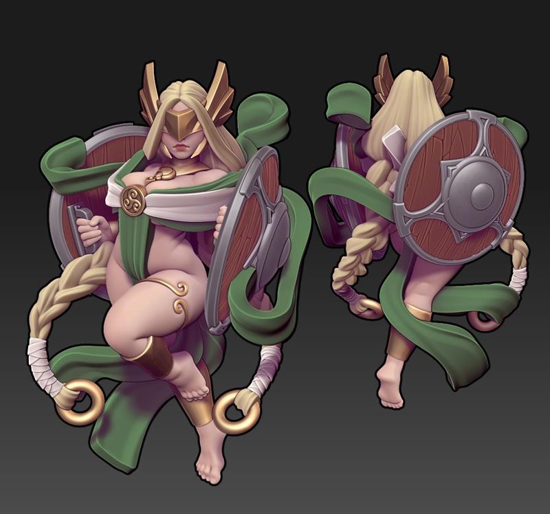 Vanir Valkyrie 3D model figure, front and side views. Blonde female warrior with winged helmet, green sash, and woode...