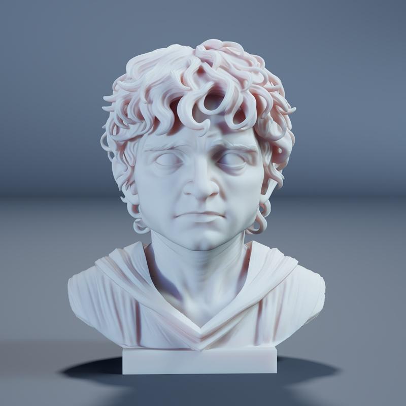 Bust of Frodo Baggins with curly hair and a hooded cloak, rendered in a white, marble-like material.