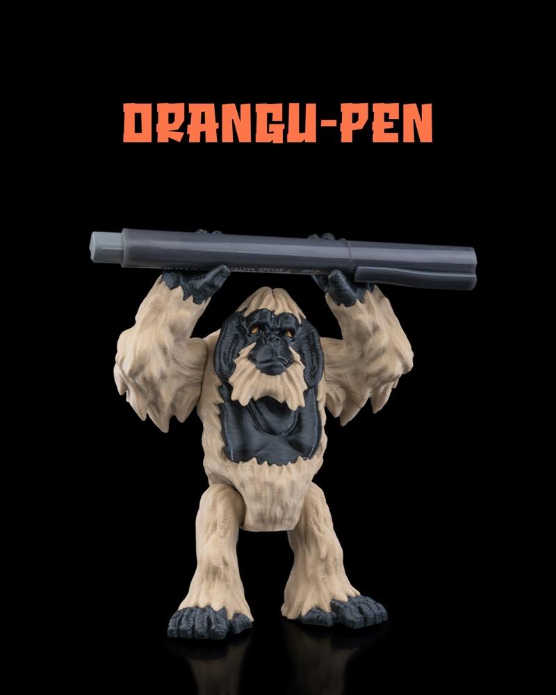 Stylized ape figure named Orangu-pen holding a large cylindrical object overhead against a black background.