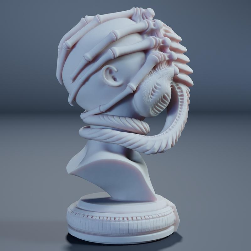3D printable bust of an Alien Face Hugger creature wrapped around a human bust, detailed skeletal head and coiled body.