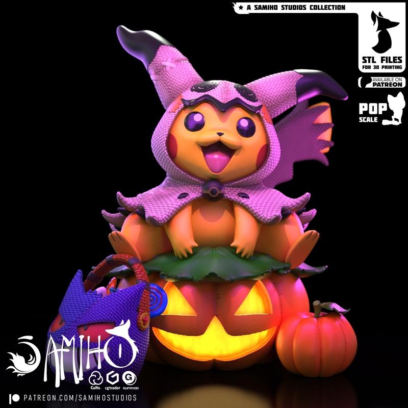 3D model of Mimikyu Pikachu sitting on a jack-o'-lantern, wearing a tattered costume. A Gengar-themed trick-or-treat...