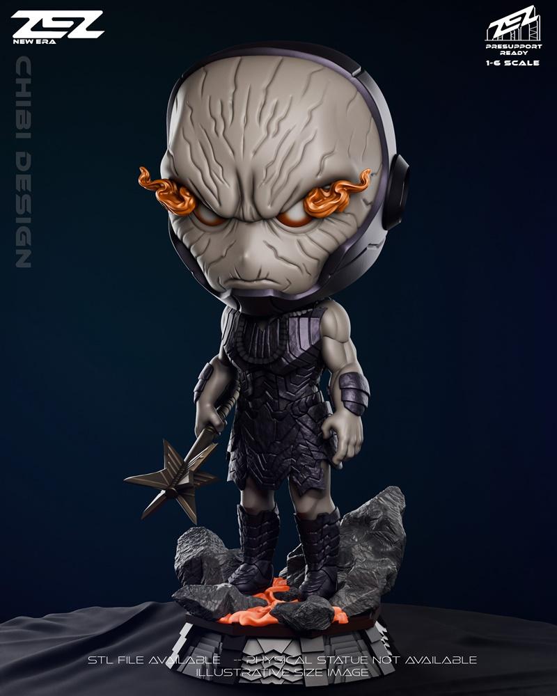 Chibi Darkseid figure by ZEZ Studios, standing on a rocky base with orange energy accents, holding a star-shaped staf...