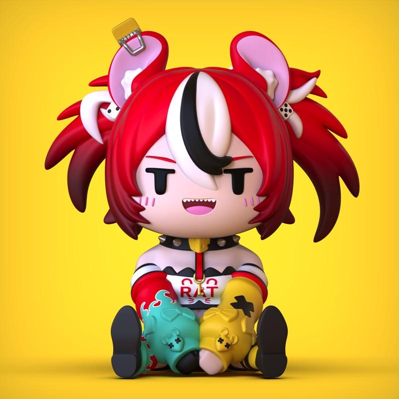 Chibi Baelz 3D model figure with red and black hair, mouse ears, and a playful smile, sitting and holding teal and ye...