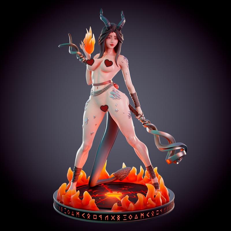 Dragonborn fire priestess figure with horns and tail, holding a flame and staff, standing on a fiery base with runes....