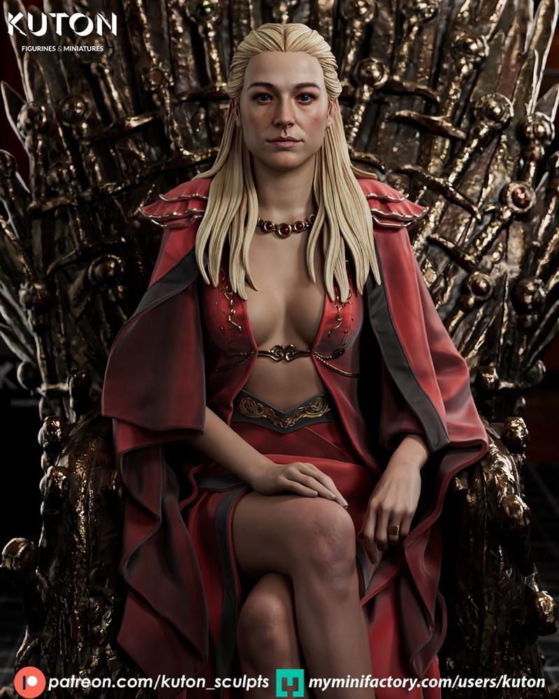 Rhaenyra Targaryen figure seated on the Iron Throne, wearing a red gown with a deep neckline and ornate jewelry. Blon...