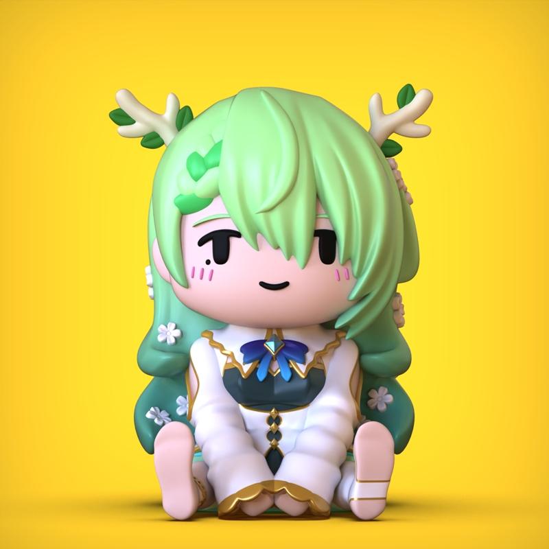 Chibi Fauna 3D model figure with green hair, antlers, and white/blue outfit, sitting against a yellow background.