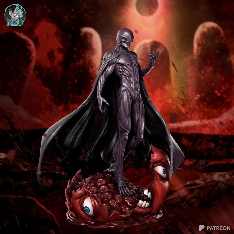 Femto figure from Berserk standing on a base of screaming faces, wearing sleek armor and a flowing cape. Dark fantasy...