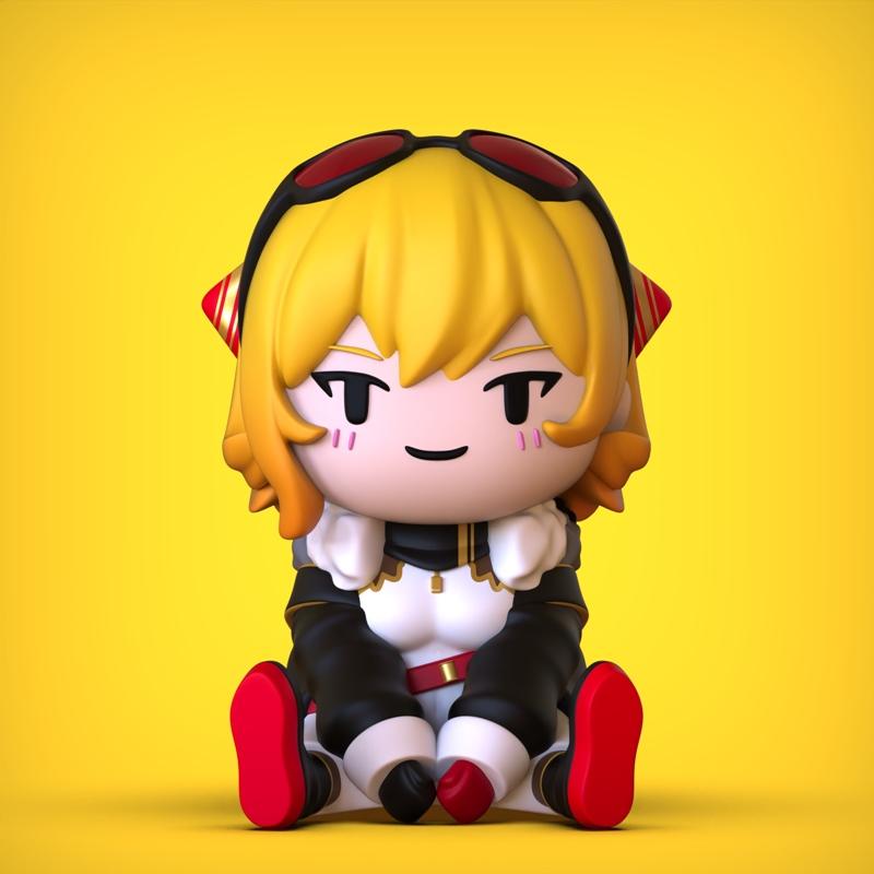 Chibi Kaela 3D model figure with yellow hair, red goggles, and a black and white outfit, seated with red shoes.