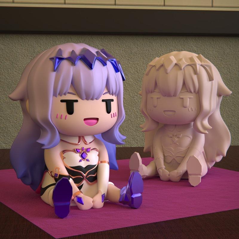 Chibi Biboo 3D model figure, seated with purple hair and a white and gold outfit, next to an unpainted version.
