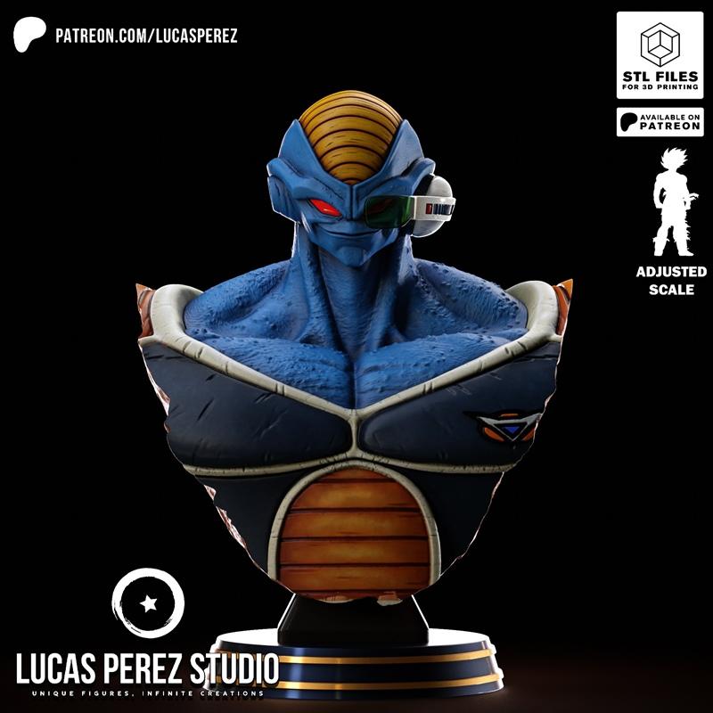 3D printable bust of Burter from Dragon Ball Z, featuring blue skin, red eyes, and detailed armor, presented on a bla...