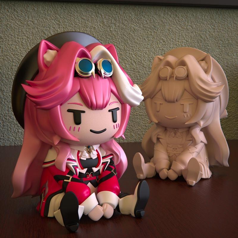 Chibi Raora 3D model figure, pink hair, goggles, red jacket, seated pose. Unpainted version visible behind.