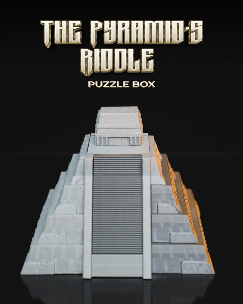 3D print model of The Pyramid's Riddle Puzzle Box, a stepped pyramid with a central staircase and textured stone-like...