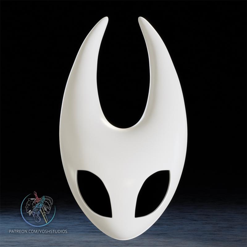 White mask of Hornet from Hollow Knight, featuring large curved horns and eye slits. Model by Yoshstudios.