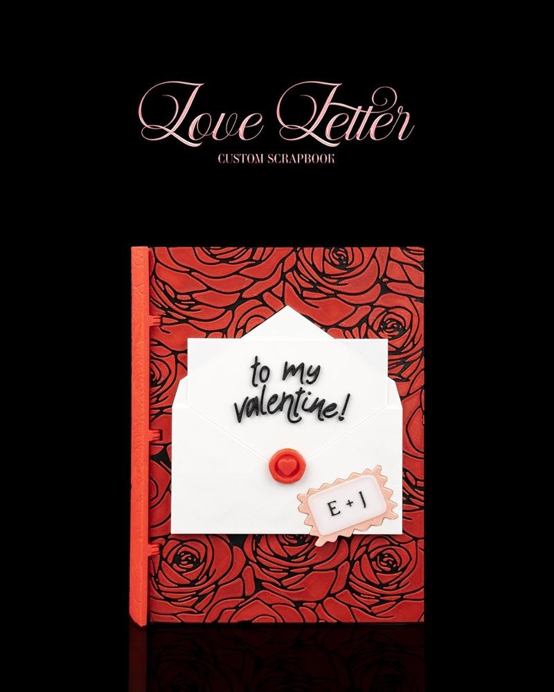 3D printable model of a custom scrapbook with a red rose pattern, featuring an envelope with "to my valentine!&q...