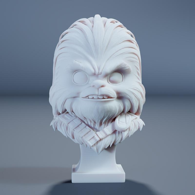 3D printable bust of Baby Chewbacca from Star Wars, featuring large eyes, a furry texture, and a playful expression,...