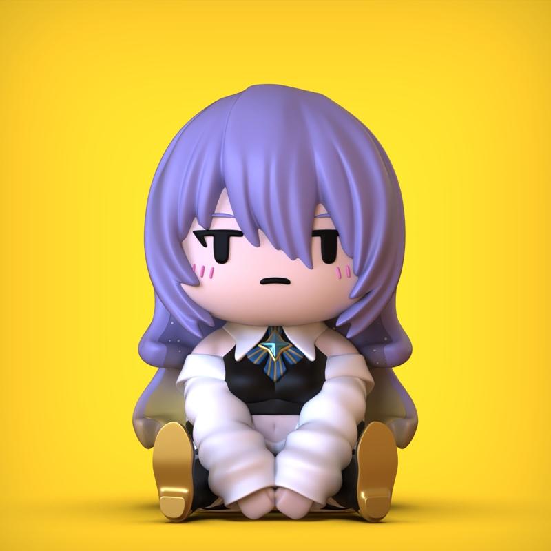 Chibi Moona 3D model figure with purple hair, sitting down, wearing a black outfit with white sleeves and a blue emblem.