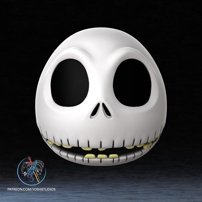 3D model of Jack Skellington's mask, featuring large black eye sockets, a small stitched nose, and a wide grin with v...