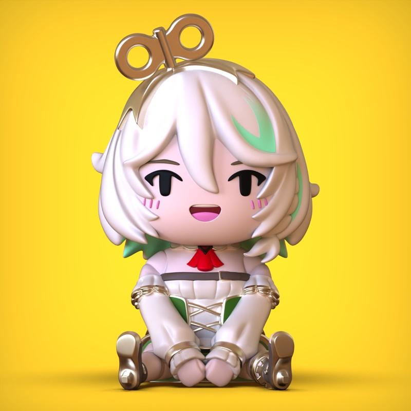 Chibi Cecilia 3D model figure with white hair, green accents, red bow, and a gold wind-up key on her head, sitting down.