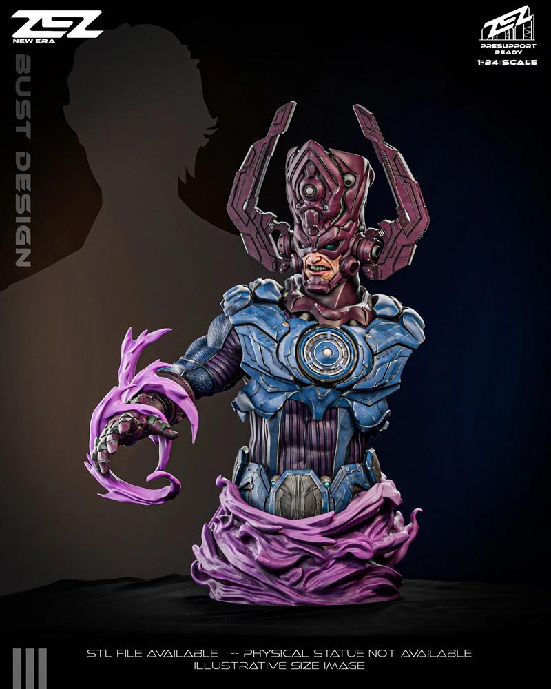 ZEZ Studio 1:24 scale 3D printable bust of Marvel's Galactus, featuring detailed armor and a purple energy base.