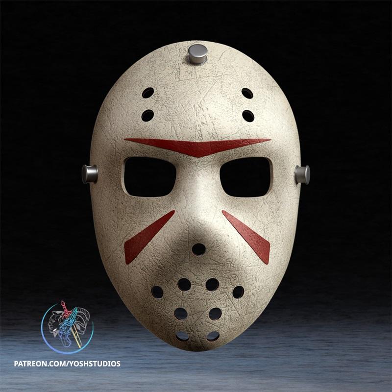 Close-up of a weathered white hockey mask with red markings and ventilation holes, a 3D printable model by Yoshstudios.