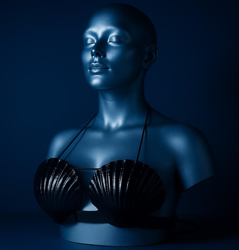 3D model of a female torso wearing a black seashell bra with thin straps, against a dark blue background.