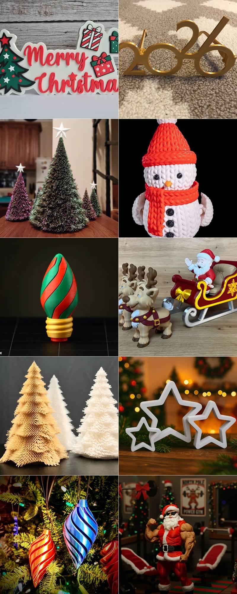 Collection of 3D printed Christmas miniatures: Merry Christmas sign, snowman, Santa in sleigh with reindeer, Christma...