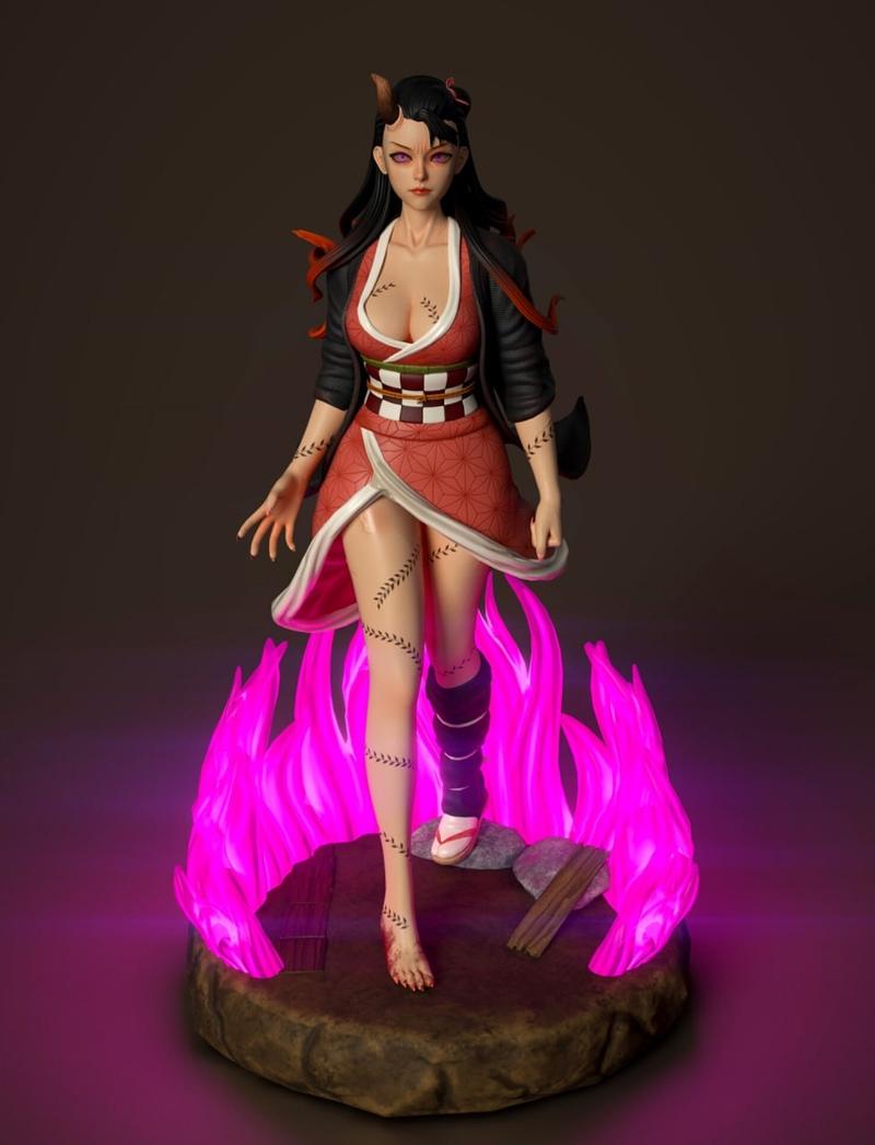 Nezuko Kamado 3D model figure, standing on a rocky base with pink flames, wearing a pink kimono and black haori, with...