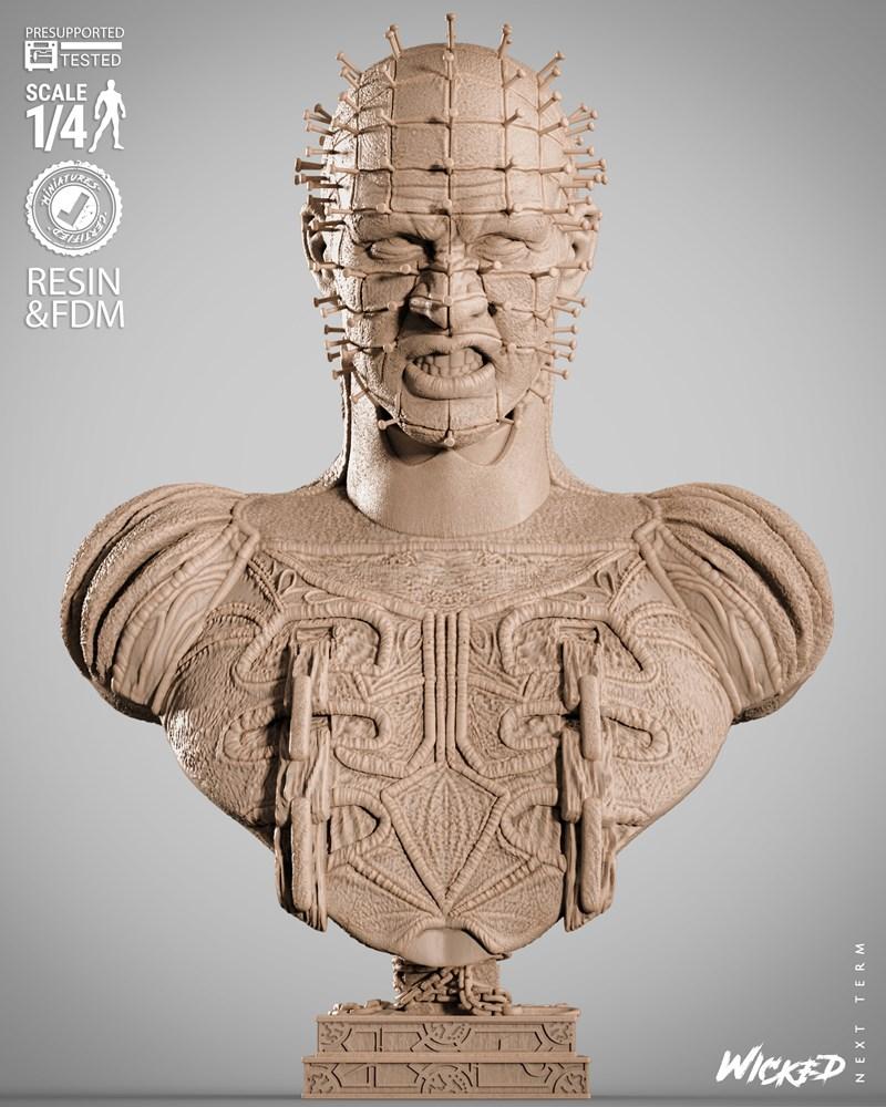 Pinhead portrait bust 3D model, scale 1:4, featuring intricate facial details with pins and a highly textured, ornate...
