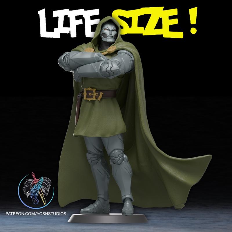 Doctor Doom statue with arms crossed, wearing a green cape and metallic armor, including a full face mask.