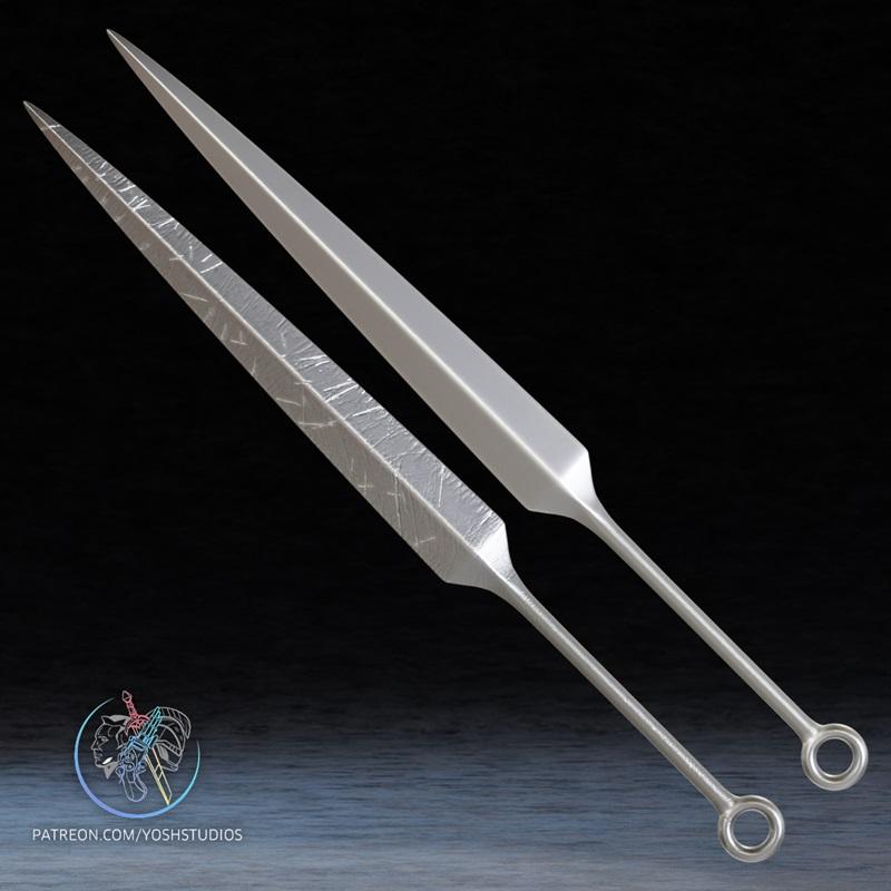 Two stylized swords, one with etched detailing and the other smooth, both with ringed pommels, inspired by Hollow Kni...