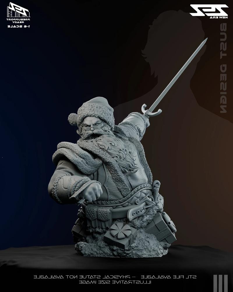 ZEZ Studio Santa Claus bust, warrior-style, holding a sword, wearing fur-lined hat and coat, with gifts at the base.