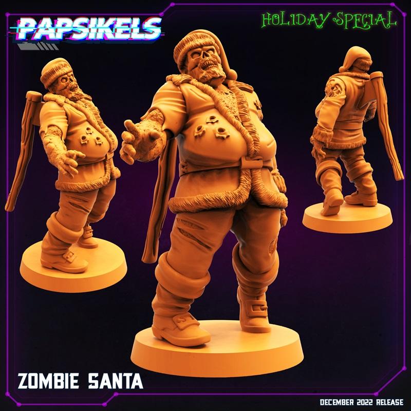 3D model of Zombie Santa by Papsikels Miniatures, shown from multiple angles. The figure wears a tattered Santa suit...