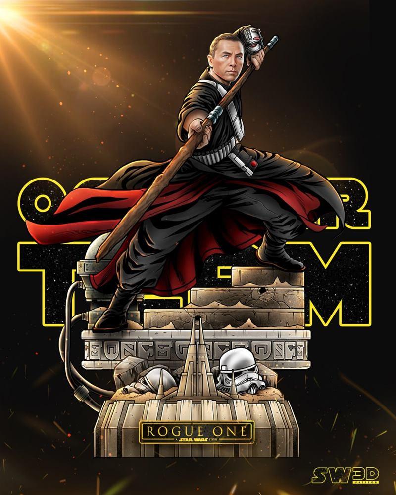 Chirrut Imwe sculpture in a dynamic pose with a staff, standing on a diorama base with stormtrooper helmets and &quot...