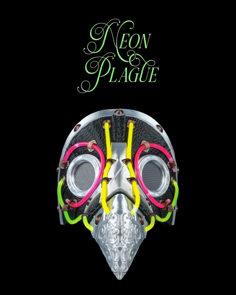 3D printable Neon Plague mask with silver filigree beak and neon pink, yellow, and green tubes around eye lenses.