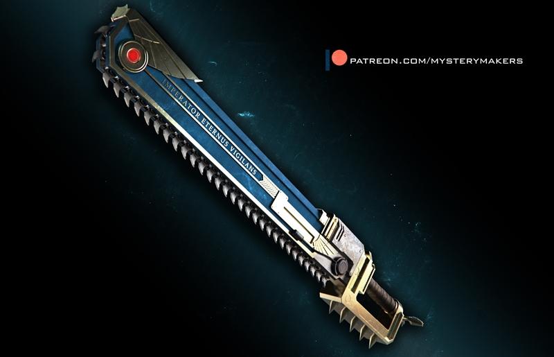 Warhammer 40k chainsword with blue casing, gold accents, and saw blade, inscribed with 'IMPERATOR ETERNUS VIGILANS'.