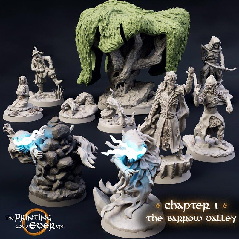 Collection of fantasy 3D printable miniatures: undead archer, spectral figures with glowing blue energy, a large moss...