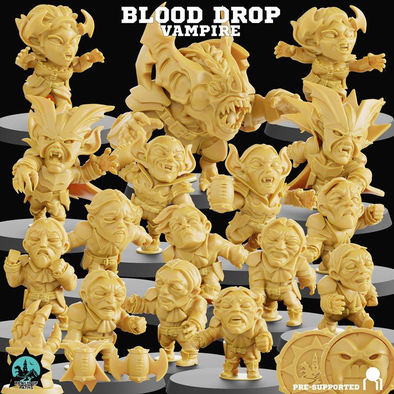 Collection of stylized 3D printable vampire figures from Realm of Paths, featuring exaggerated features and dynamic p...