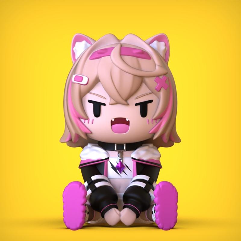 Chibi Mococo figure with cat ears, sitting down, wearing a collar and a white outfit with pink and black accents.